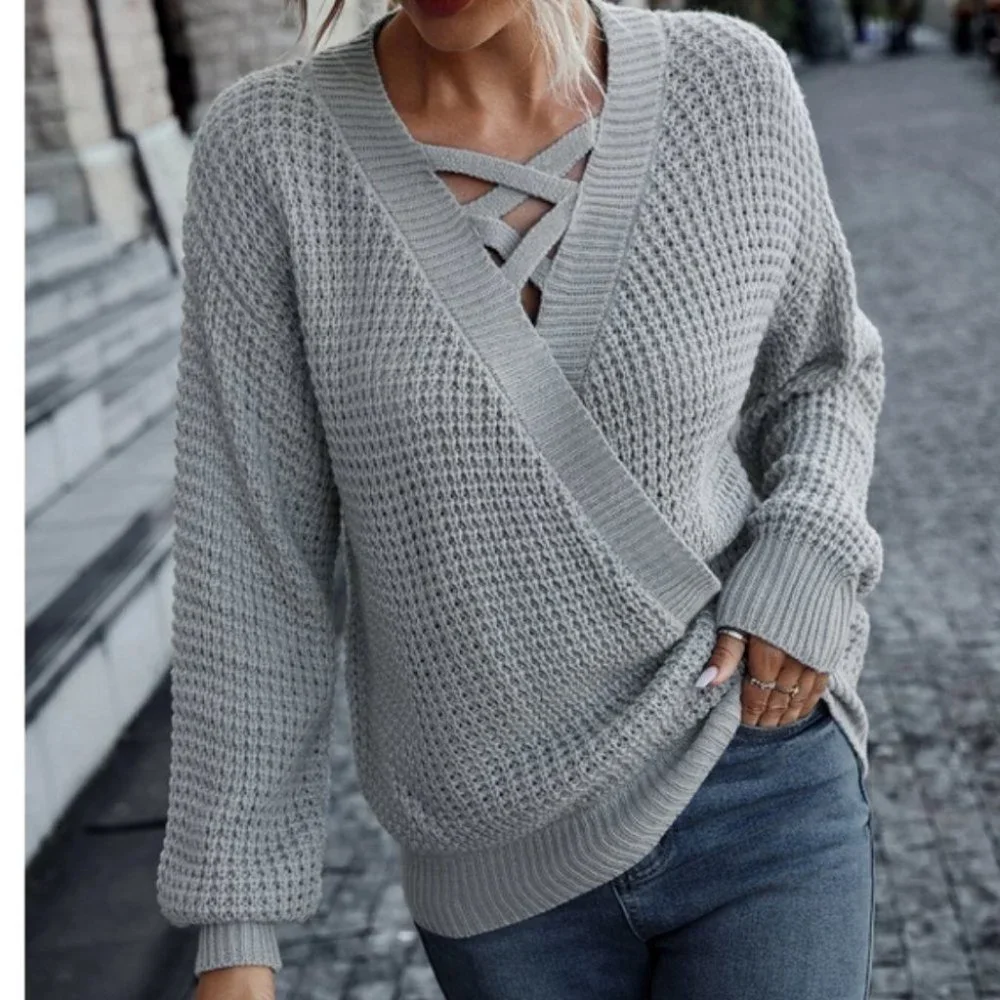 Casual Boho Criss Cross Surplice Neck knit Sweater Top - Picture 2 of 7